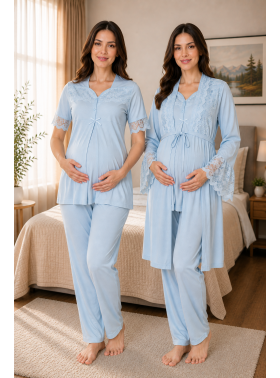 Effortt 9014 Mavi Sabahlıklı Lohusa Pijama Takımı